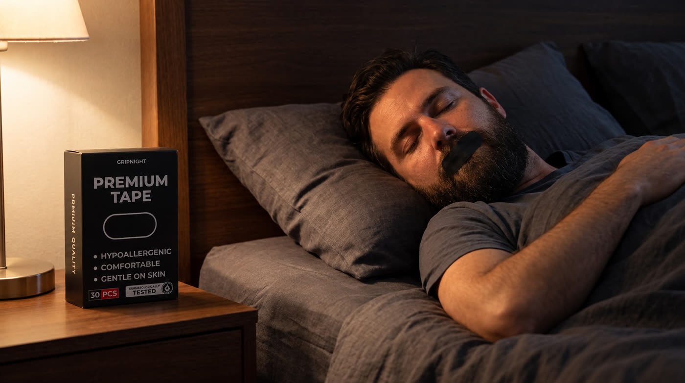 Mann mit Bart schläft mit GripNight, die Box steht auf dem Nachttisch