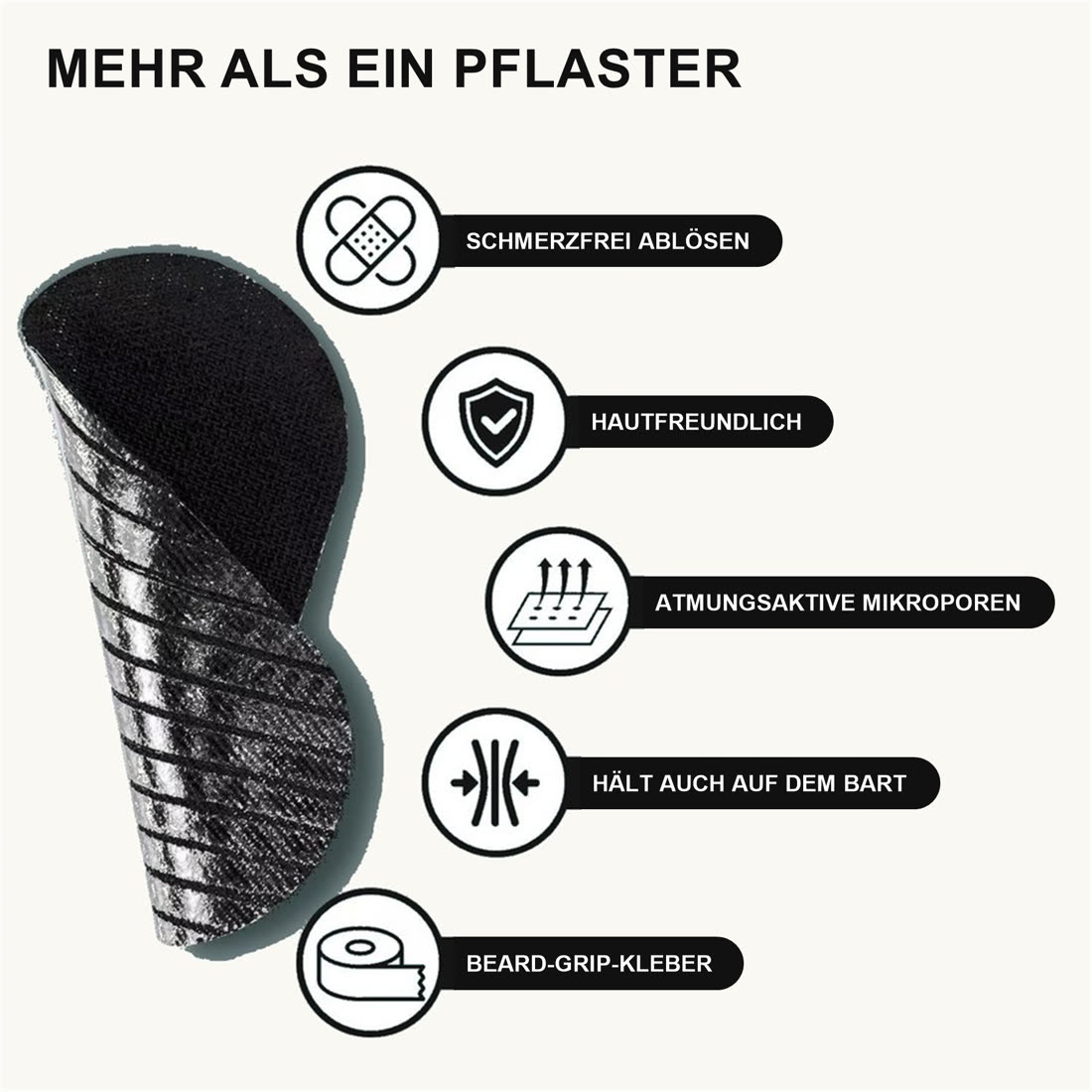 GripNight – mehr als ein Pflaster: schmerzfrei ablösen, hautfreundlich, atmungsaktive Mikroporen, Beard-Grip-Kleber