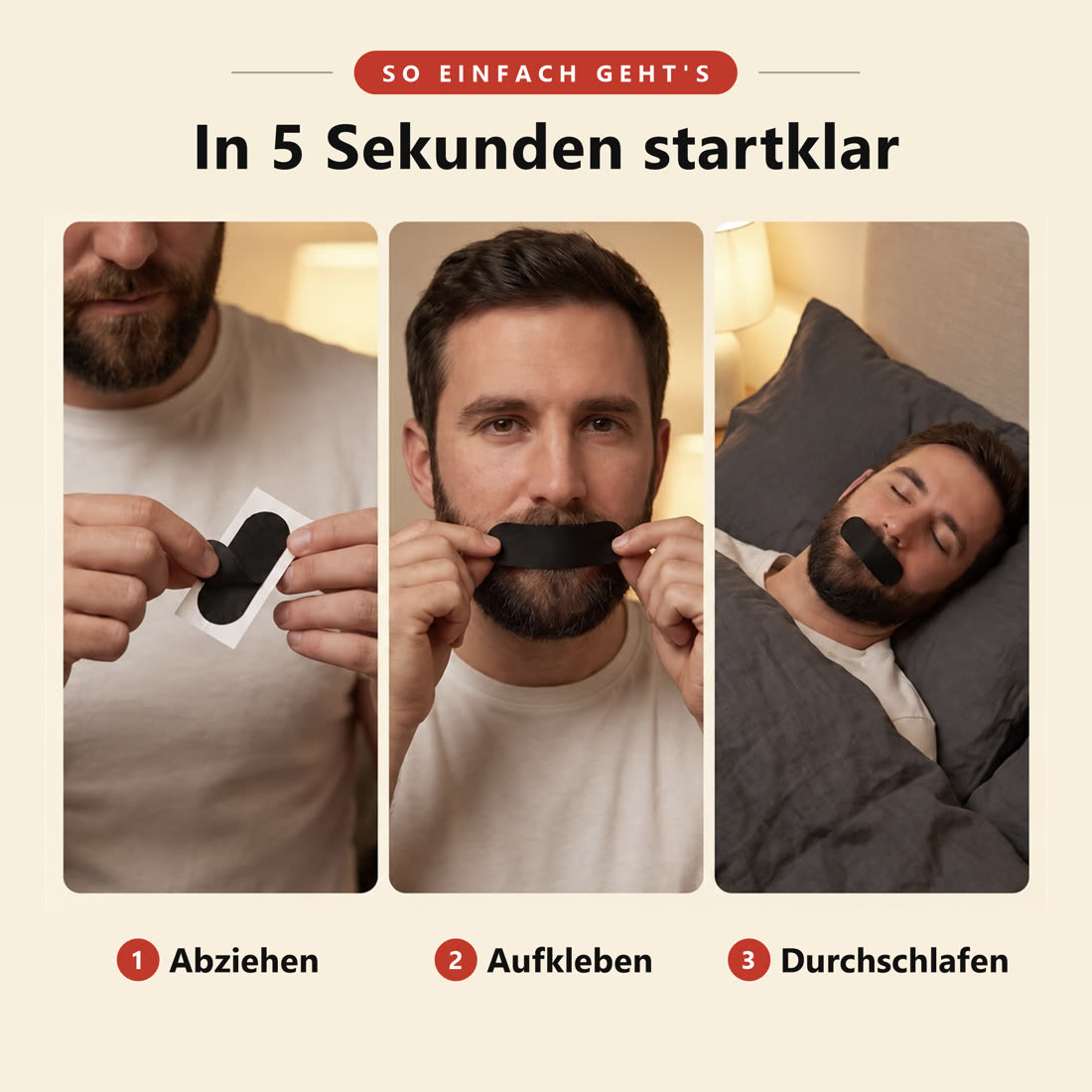 So geht's: Streifen abziehen, quer über die Lippen kleben, morgens ablösen