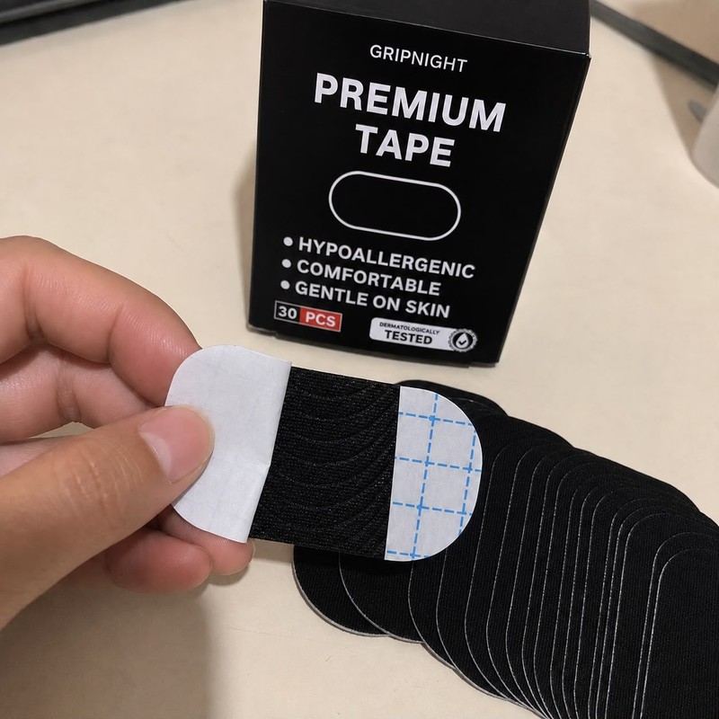 GripNight Premium Tape box and strip — hypoallergenic, comfortable, gentle on skin, dermatologically tested, 30 pieces per box